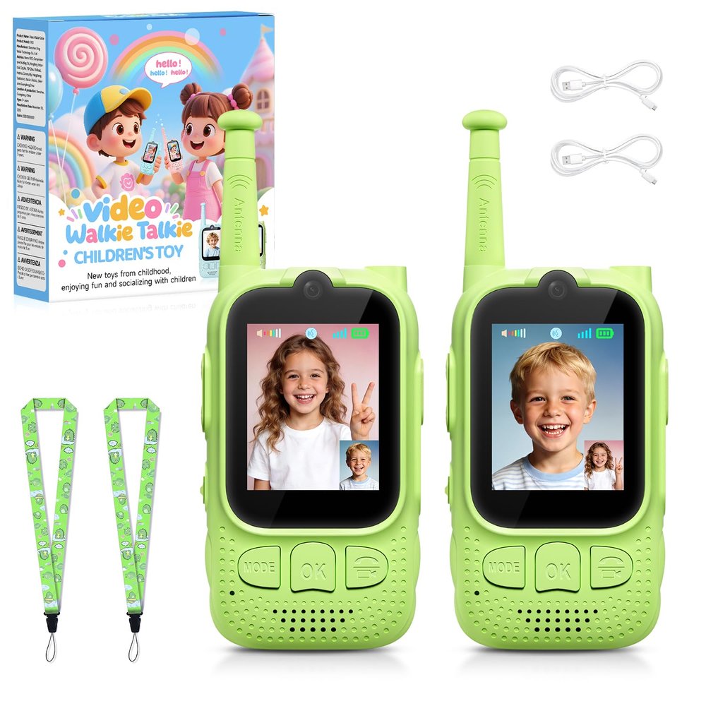 Kids Audio/Video Walkie Talkies, 2 Pack Rechargeable Walkie Talkies for Kids with 2 Screen & Camera & Voice Changer, Long Range Boys Girls Toys for Indoor Outdoor Camping Hiking Games (Green/Green)