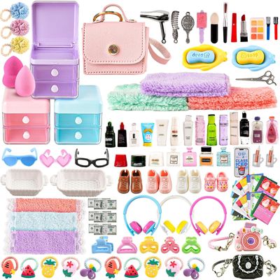 116Pcs Dollhouse Mini Accessories Set - Makeup Tools Bathroom Toiletries Handbag for DIY Micro Scene Decoration Simulation Shampoo Hair Dryer Cosmetic Brush for Bedroom Girl Novelty Toy Jewelry Box