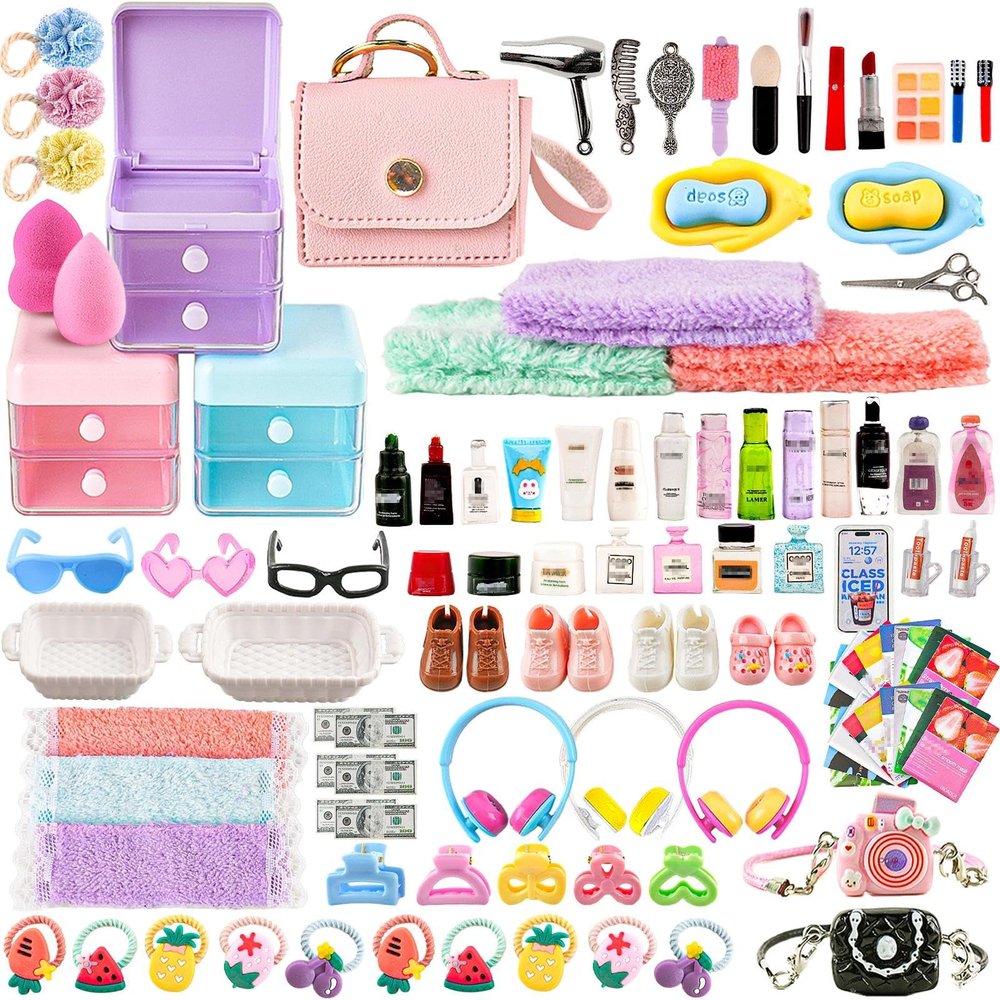 116Pcs Dollhouse Mini Accessories Set - Makeup Tools Bathroom Toiletries Handbag for DIY Micro Scene Decoration Simulation Shampoo Hair Dryer Cosmetic Brush for Bedroom Girl Novelty Toy Jewelry Box