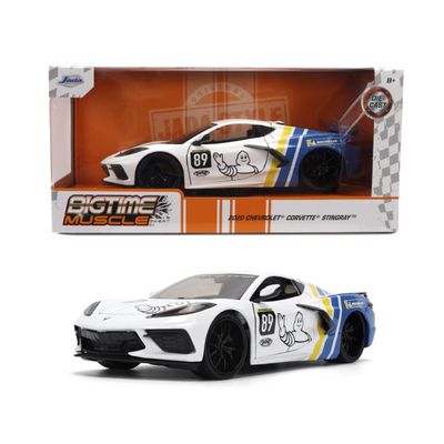 Jada Toys Bigtime Muscle 1:24 2020 Chevy Corvette Stingray Die-cast Car Opening Doors, Hood, Trunk, Rubber Tires(Blue/White)