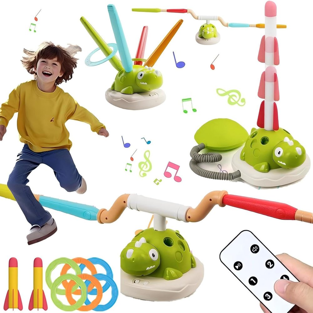 Nemnlaa 3 in1 Dinosaur Rocket Launcher 3 in 1 Dinosaur Musical Jumping Toss Ring and Stomping Launch Rocket Outdoor Sports Toys Kids Ages 4-8 with Remote Control (1pc, Charge) (2pcs)