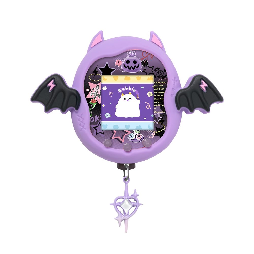 BUBBLELOGUS Devil Wing Case for Tamagotchi Uni, Silicone Cover with Holographic Laser Faceplate Sticker & Star Dust Plug, 3-in-1 Set (Purple)
