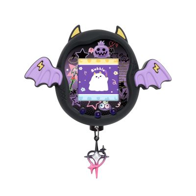 BUBBLELOGUS Devil Wing Case for Tamagotchi Uni, Silicone Cover with Holographic Laser Faceplate Sticker & Star Dust Plug, 3-in-1 Set (Black)