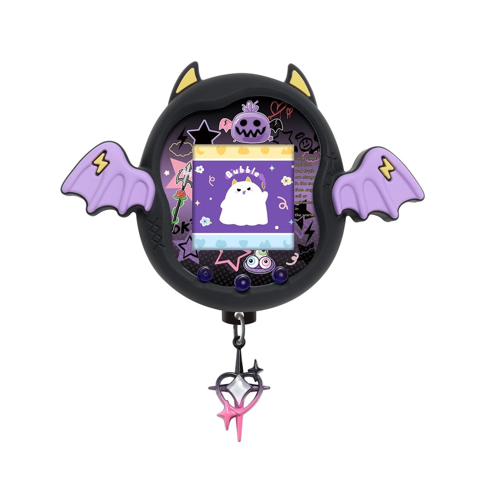 BUBBLELOGUS Devil Wing Case for Tamagotchi Uni, Silicone Cover with Holographic Laser Faceplate Sticker & Star Dust Plug, 3-in-1 Set (Black)