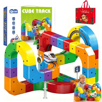 Electric Train Set, 3D stem Electric Train Set, 3D Train Routes with Mix-and-Match Stem Cubes, DIY Magic Rail Cube Magnetic Monorail with Rechargeable Car for Interactive Fun Play and Gifts