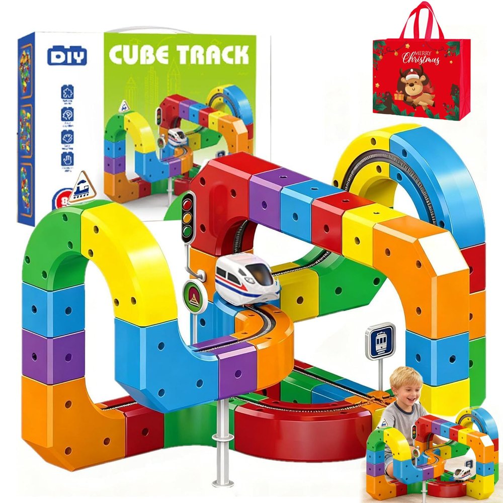 Electric Train Set, 3D stem Electric Train Set, 3D Train Routes with Mix-and-Match Stem Cubes, DIY Magic Rail Cube Magnetic Monorail with Rechargeable Car for Interactive Fun Play and Gifts