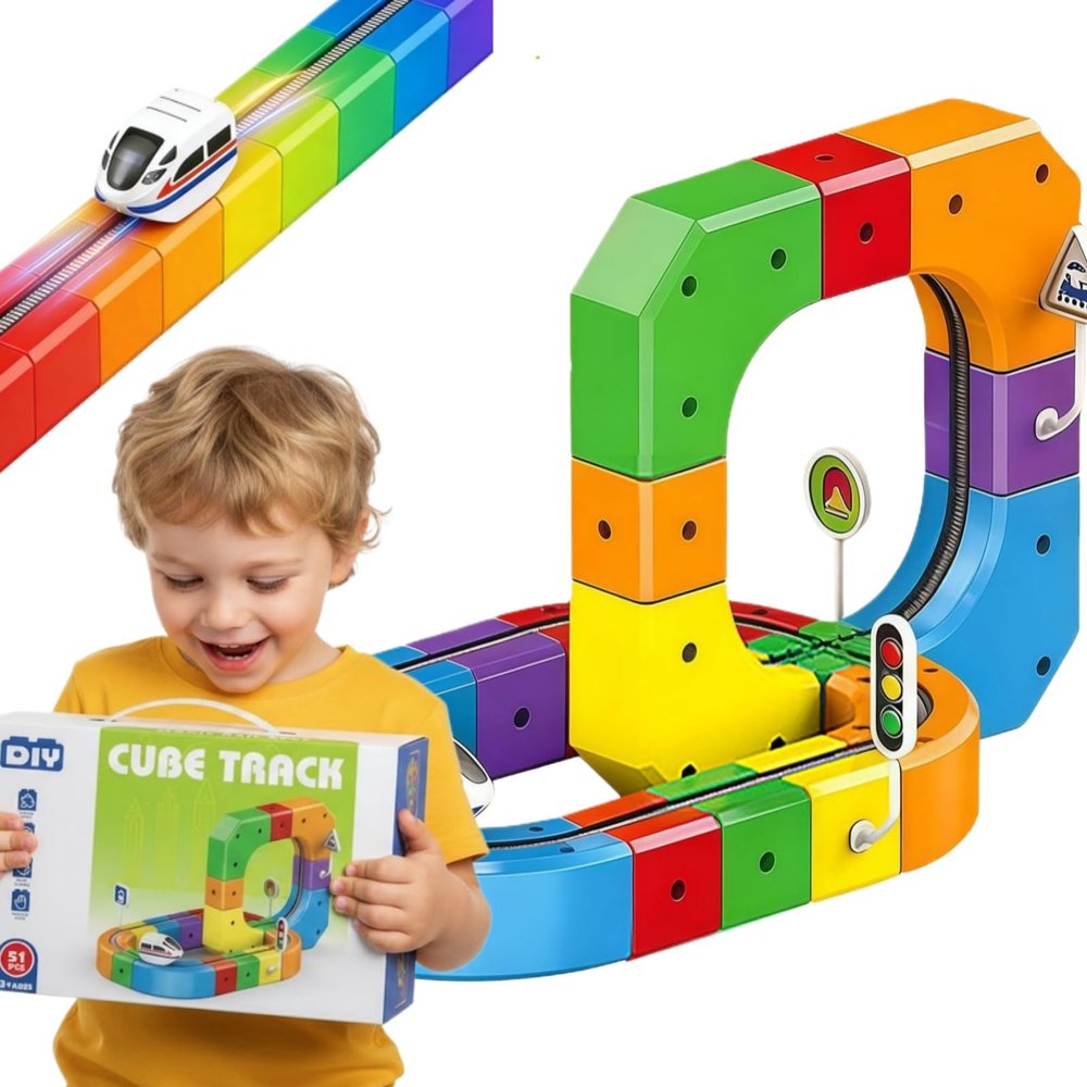3D Infinity Track Electric Train Set - Cube Track Fusion Toy, Anti-Gravity Flexible Race Tracks with Motorized Train and Traffic Signs, STEM Building Toy for Kids(51pcs+1car)
