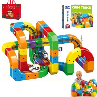 Electric Train Set, 3D stem Electric Train Set, 3D Train Routes with Mix-and-Match Stem Cubes, DIY Magic Rail Cube Magnetic Monorail with Rechargeable Car for Interactive Fun Play and Gifts