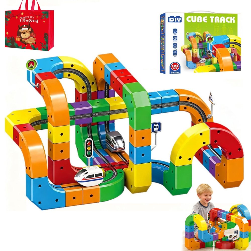 Electric Train Set, 3D stem Electric Train Set, 3D Train Routes with Mix-and-Match Stem Cubes, DIY Magic Rail Cube Magnetic Monorail with Rechargeable Car for Interactive Fun Play and Gifts