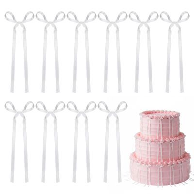 20 PCS White Bows for Cake, Satin Ribbon Bow Cupcake Toppers, White Bows Decor Cake Balloon Decorations, Valentine's Bowknot Ribbons, Bows for Birthday Wedding Party Wedding Anniversary Party Supplies