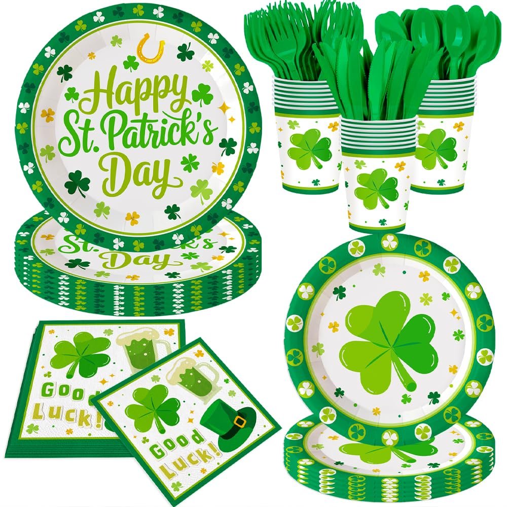 140Pcs St. Patrick's Day Plates and Napkins Happy St. Patrick's Day Party Decorations Shamrock Paper Plates Irish Festival Party Supplies Green Good Lucky Clover Dinnerware Plates, Serves 20 Guests