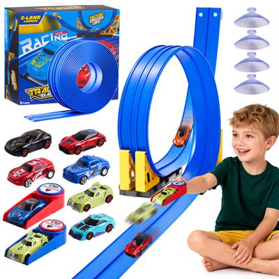 16-Ft Flexible Race Track Set for Kids, DIY Roll-Up Racetrack with 2 Launchers & 6 Mini Cars, Suction-Cup Portable Track Compatible with 1:64 Die-Cast Cars, Indoor & Outdoor Gift for Boys Girls 3+