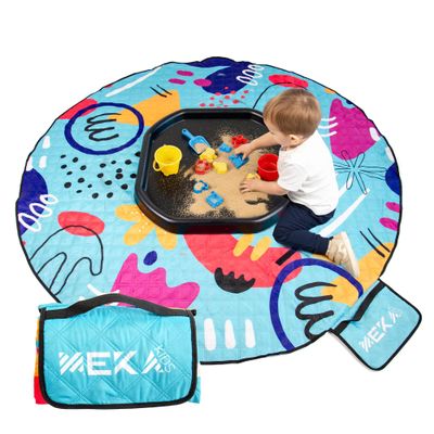 MEKA Tuff Tray Small 28"x28" Black + Waterproof Sensory Mat 67" Blue, Activity Tray with playmat for Kids Creative, Messy, Everyday Fun, Children and Toddlers Stuff, Outdoor and Indoor