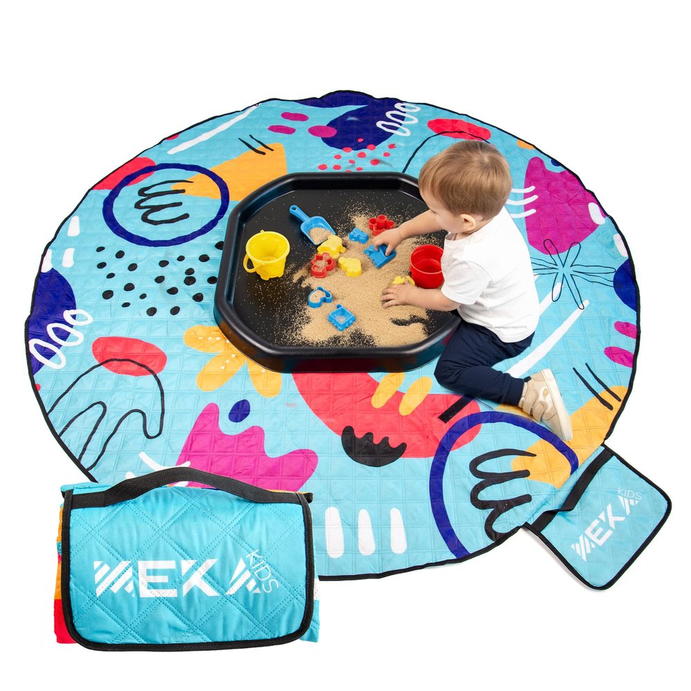 MEKA Tuff Tray Small 28"x28" Black + Waterproof Sensory Mat 67" Blue, Activity Tray with playmat for Kids Creative, Messy, Everyday Fun, Children and Toddlers Stuff, Outdoor and Indoor