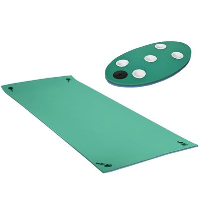 12 ft x 5 ft Floating Water Mat with Cup Holders for Lake River Pool Use, 3-Layer XPE Foam Roll-Up Float Dock for 2-3 Adults