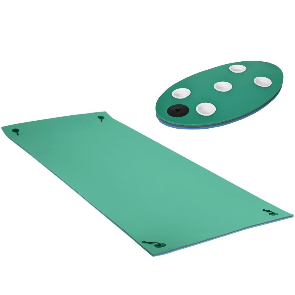 12 ft x 5 ft Floating Water Mat with Cup Holders for Lake River Pool Use, 3-Layer XPE Foam Roll-Up Float Dock for 2-3 Adults