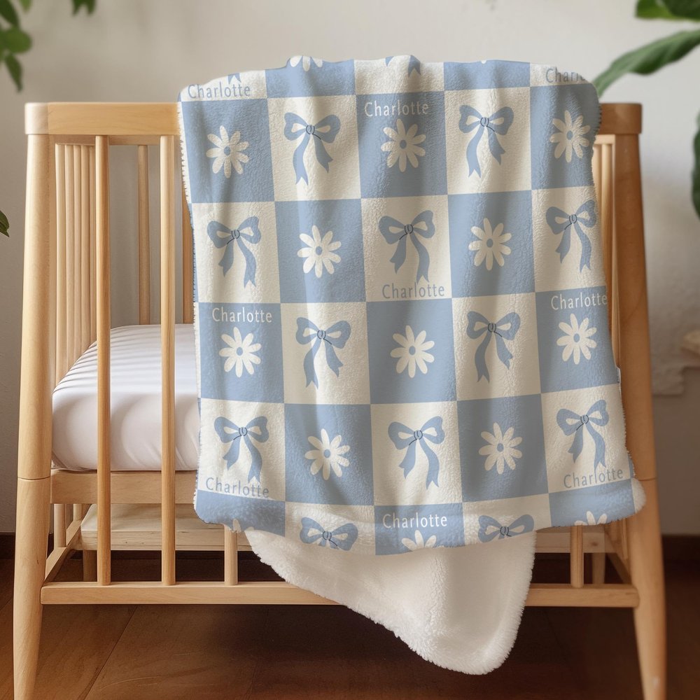 Personalized Blue Bow Sherpa Blanket, Checkered Pinky Blanket, Custom Name, Cozy Throw for Kids and Teens
