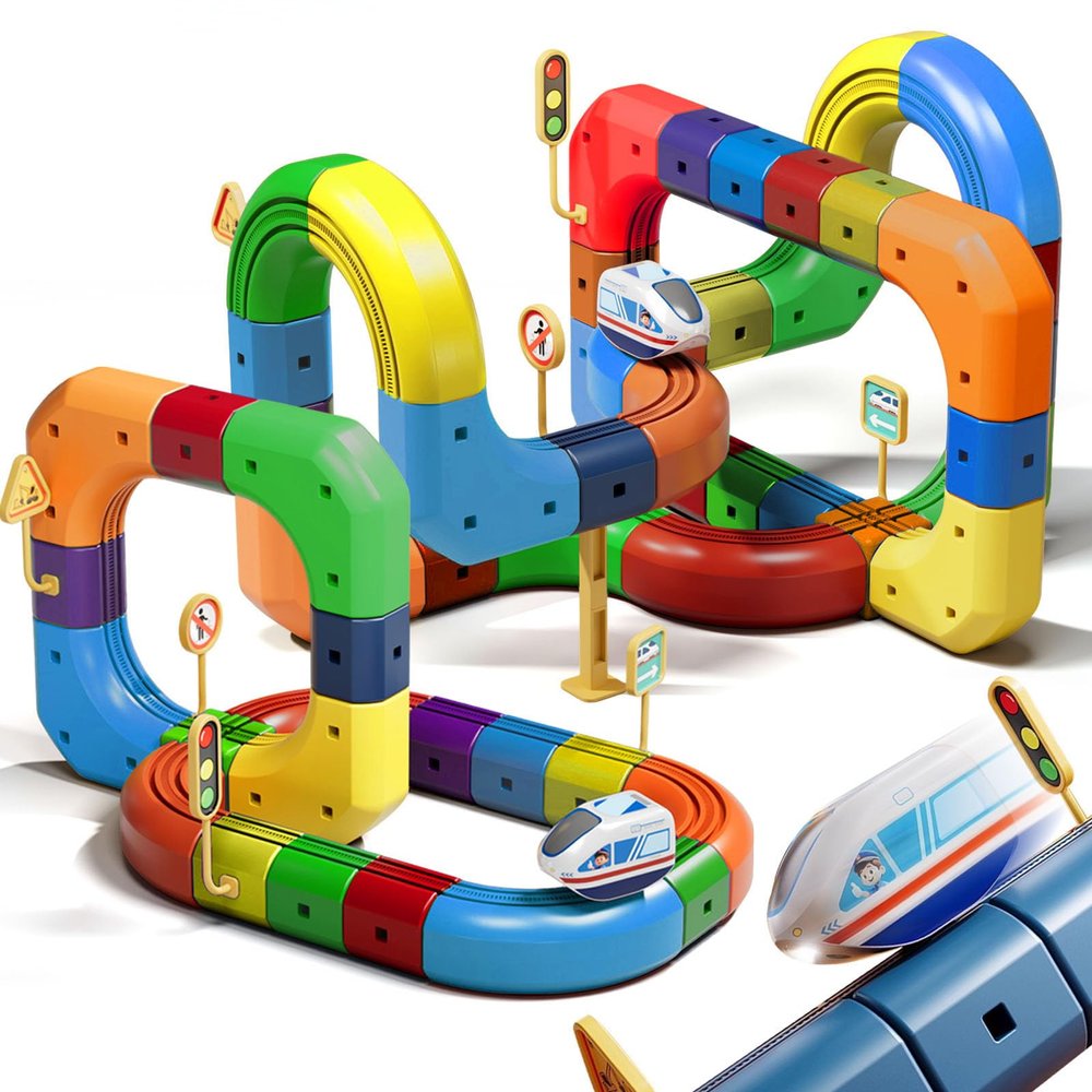 Aesinos Electric Train Set for Kids,Mix-and-Match Cubes Trackfusion Gravity-Defying 3D Embedded Layouts & Motorized Car 3 4 5 6 7 8 Years Old Boys Girls Birthday (132PCS-3Car)