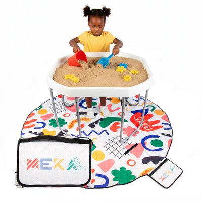 MEKA Tuff Tray Large 38"x38" White with Stand + Waterproof Sensory Mat 67" White, Activity Tray with playmat for Kids Creative, Messy, Everyday Fun, Children and Toddlers Stuff, Outdoor and Indoor