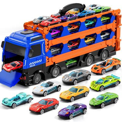 Large Truck Toys for Toddlers 1-3 2-4 3-5 4-7 Years Old Boys Kids, Transport Truck with 24 Pcs Die-Cast Cars, Toy Gifts for 3 4 5 6 Year Old Boys, Toddler Gift Toys for Ages 3-5 4-7