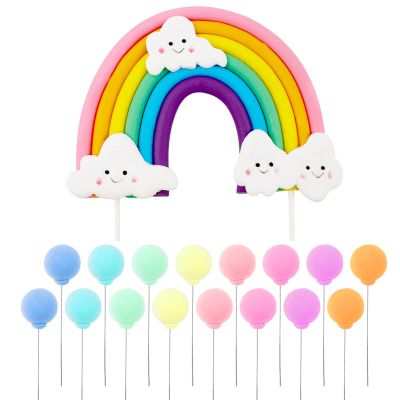 17Pcs Colorful Rainbow Balloon Cake Topper Set Featuring Soft Pottery Rainbows Mini Balloon Balls Cupcake Toppers for Birthday Wedding Parties