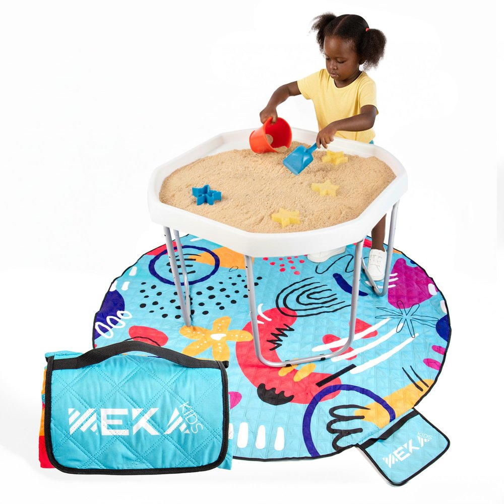 MEKA Tuff Tray Large 38"x38" White with Stand + Waterproof Sensory Mat 67" Blue, Activity Tray with playmat for Kids Creative, Messy, Everyday Fun, Children and Toddlers Stuff, Outdoor and Indoor