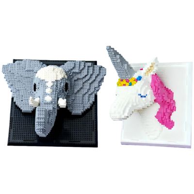 3D Building Block Animal Head Portrait Set, Elephant and Unicorn Wall Decor, 3400+ Pieces, Gray and Pink Design, 11x9.7x6.4 inch and 9.4x6.5x11.4 inch