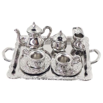 1/12 Scale Mini Tea Set Metal Vintage Pattern Miniature Silver Tea Cups Tray for Dollhouse Decoration