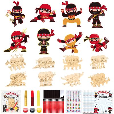 24 Set Ninja Party Favors - with Magnets Diamond Stickers Glitter Glue Pens - Karate Party Favors for Kids - Non-Toxic DIY Wooden Ninja Paint Crafts - Goodie Bags Gifts Prizes for Kids Boys Toddler