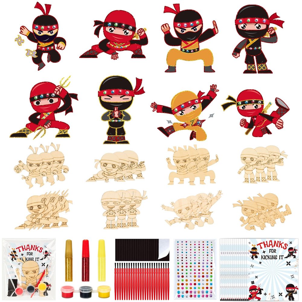 24 Set Ninja Party Favors - with Magnets Diamond Stickers Glitter Glue Pens - Karate Party Favors for Kids - Non-Toxic DIY Wooden Ninja Paint Crafts - Goodie Bags Gifts Prizes for Kids Boys Toddler