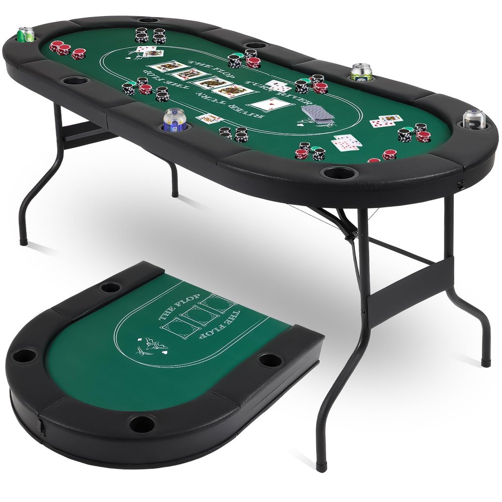 GCCSJ Folding Poker Table - 72" Portable Poker Table8 Player Texas Holdem Blackjack Table with 8 Cup Holders Oval Cushion Poker Table Top for Casinos/Home