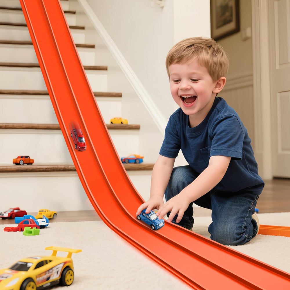 Flexible Race Track for Kids, Flexible Car Track 15Ft Race Track Compatible with Diecast 1/64th Cars, Roll Up Car Ramp Toy with Strong Suction Cups