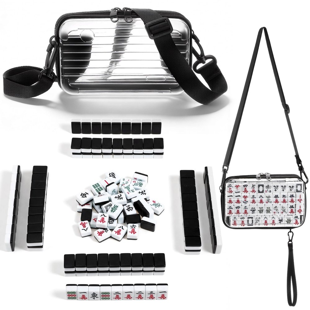 Abbylike Mini Chinese Mahjong Set, 144 Tiles Portable Mahjong Complete Set with Crossbody Bag & 2 Dice, Authentic Travel Game for Adults & Family for Outdoor Fun, Travel, Family Gathering