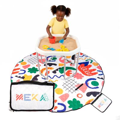 MEKA Tuff Tray Small 28"x28" White with Stand + Waterproof Sensory Mat 67" White, Activity Tray with playmat for Kids Creative, Messy, Everyday Fun, Children and Toddlers Stuff, Outdoor and Indoor