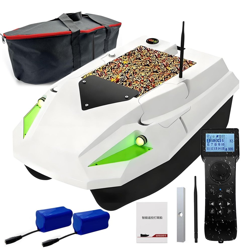 ANGDI Intelligent RC Fishing Bait Boat, 12V Large Capacity Smart Bait Launcher with 100 GPS Points, Auto Return & LED Light, 2 Batteries, Speed Adjustable, Bait Boat for Chum Hook Delivery