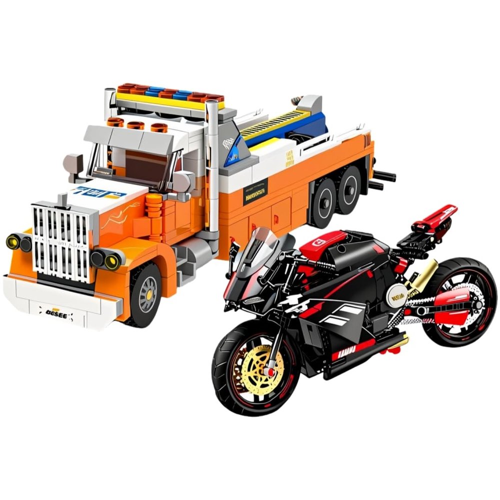 2-in-1 Building Set, Orange Tow Truck and Black Racing Motorcycle, 875 Pieces Construction Toy with Mechanical Functions and Rescue Theme33x9x6.5cm Truck with 34.5x19.4x13.1cm Motorcycle