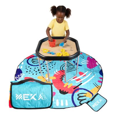 MEKA Tuff Tray Small 28"x28" Black with Stand + Waterproof Sensory Mat 67" Blue, Activity Tray with playmat for Kids Creative, Messy, Everyday Fun, Children and Toddlers Stuff, Outdoor and Indoor
