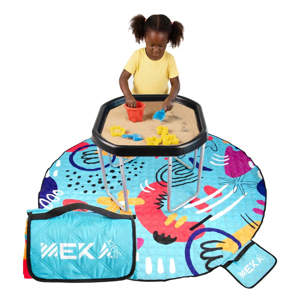 MEKA Tuff Tray Small 28"x28" Black with Stand + Waterproof Sensory Mat 67" Blue, Activity Tray with playmat for Kids Creative, Messy, Everyday Fun, Children and Toddlers Stuff, Outdoor and Indoor