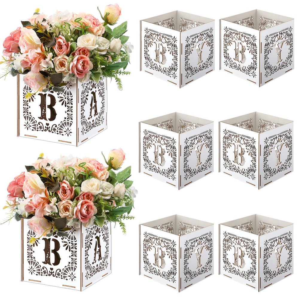 Amyhill 6 Pcs Cielito Lindo Party Decorations Baby Shower Wood Mexican Flower Baby Boxes with Letters Papel Picado Table Centerpieces for Gender Reveal Birthday Fiesta Party Table Decor, 6 x 6 Inch