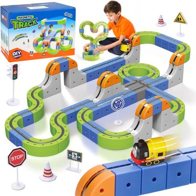 101PCS Magnetic Train Set with Electric Train, Track Fusion Train STEM Learning Race Track with Traffic Signs & Magnetic for Boys Girls Ages 5-14, Kids Toys, Birthday Gifts(Large).