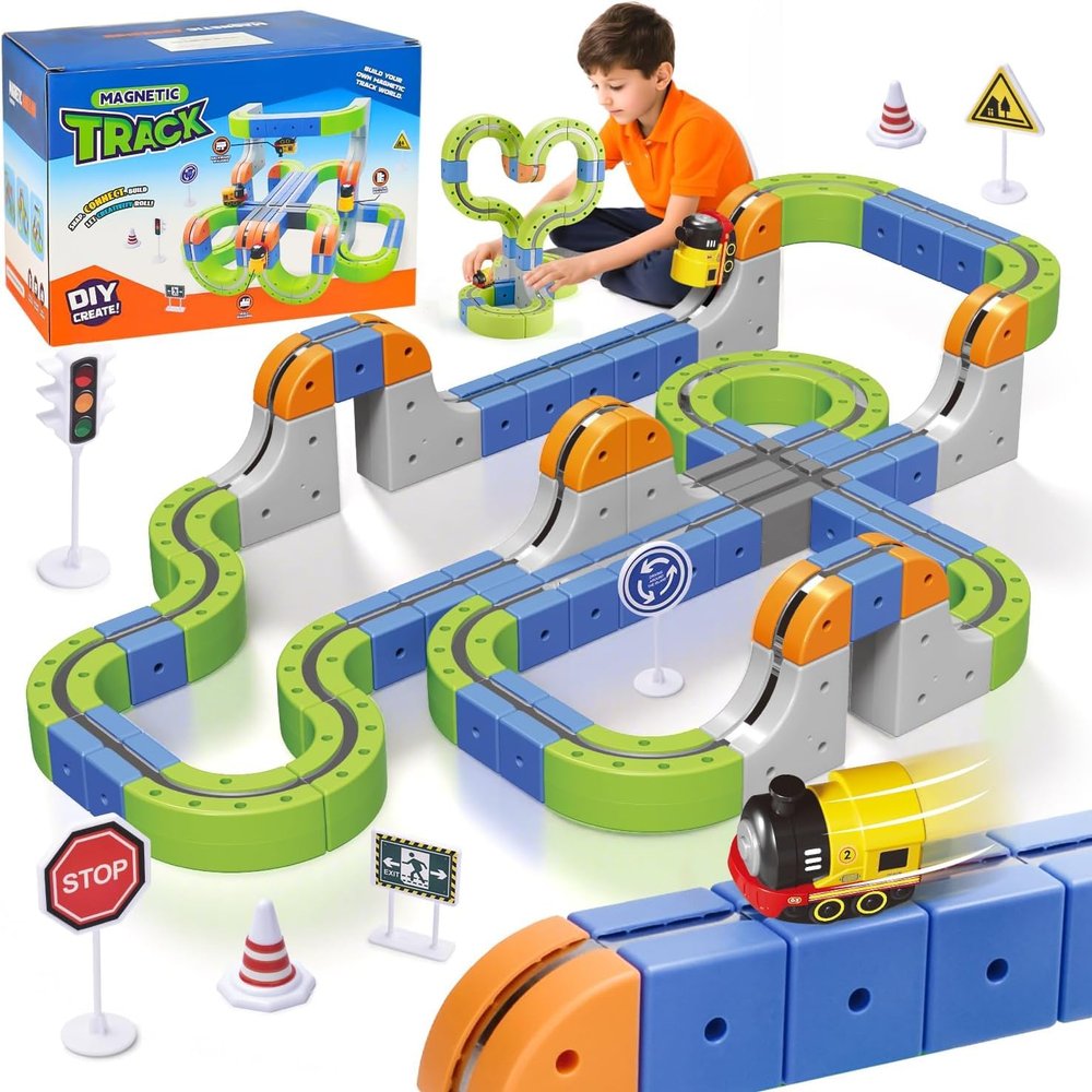 101PCS Magnetic Train Set with Electric Train, Track Fusion Train STEM Learning Race Track with Traffic Signs & Magnetic for Boys Girls Ages 5-14, Kids Toys, Birthday Gifts(Large).