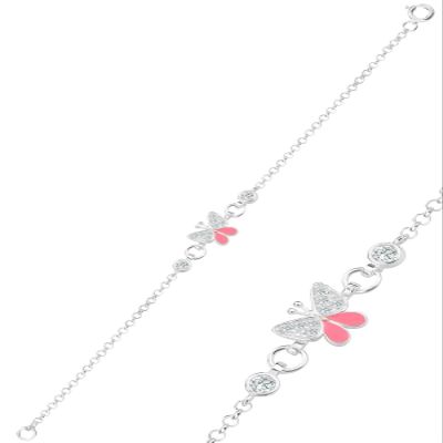 925 Sterling Silver Zircon Stone Pink Enamel Butterfly Kids Bracelet, Adjustable Dainty Charm Jewelry for Girls, Playful and Durable Design - Pink,