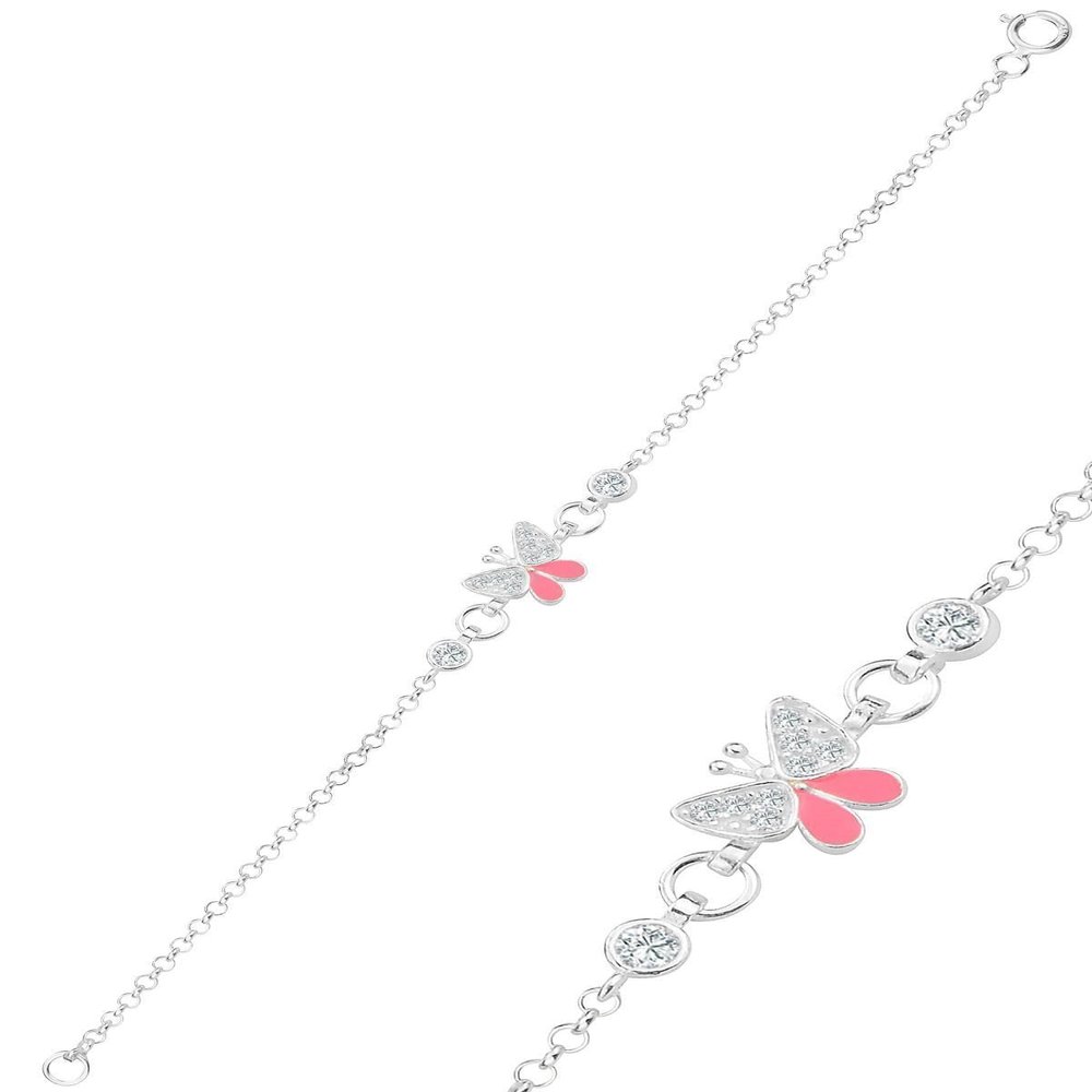 925 Sterling Silver Zircon Stone Pink Enamel Butterfly Kids Bracelet, Adjustable Dainty Charm Jewelry for Girls, Playful and Durable Design - Pink,