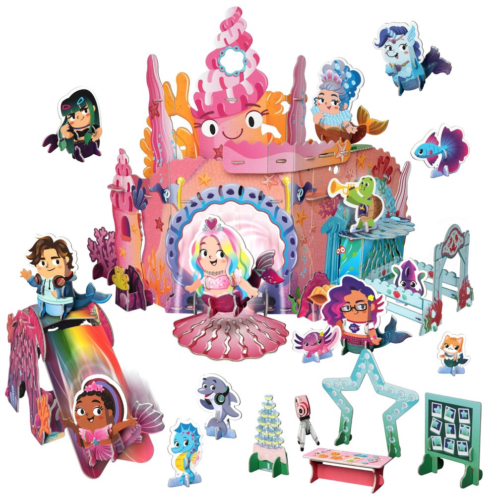 Playper Buildable Mermaid Castle Playset for Girls, Shimmering Fins, Transforming Dance Floor, FSC Certified, Pretend Play Mermaid Toys for Kids Ages 3+ Majestic Mermaids