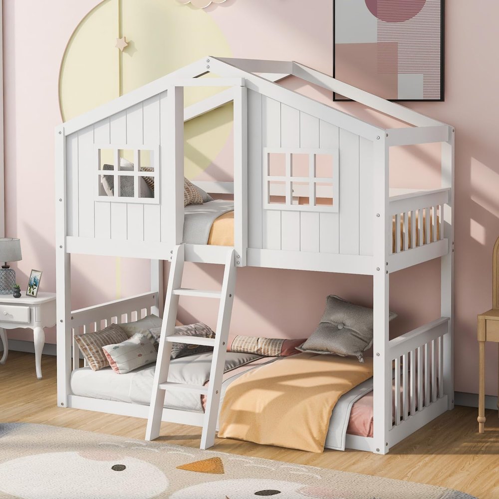 Twin Over Twin House Bunk Bed with Ladder - Wood White - House Shaped Playhouse - Family-Friendly Bedroom Decor