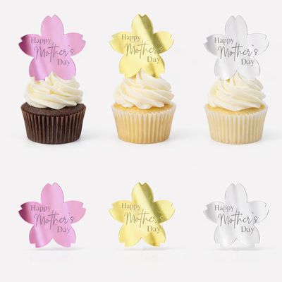 12pcs Happy Mothers' Day Cupcake Toppers Red Pink Rosegold Cupcake Decorations Mirror Acrylic Flower Shape Happy Mothers' Day cake Decorations I Love you mom Cake Party Supplies Gifts