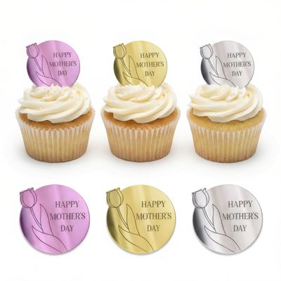 12pcs Happy Mothers' Day Cupcake Toppers Red Pink Rosegold Cupcake Decorations Round Mirror Acrylic with Happy Mothers' Day cake Decorations I Love you mom Cake Party Supplies Gifts