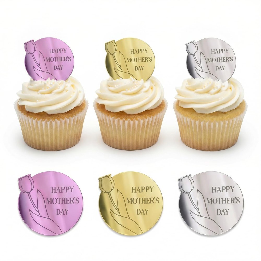 12pcs Happy Mothers' Day Cupcake Toppers Red Pink Rosegold Cupcake Decorations Round Mirror Acrylic with Happy Mothers' Day cake Decorations I Love you mom Cake Party Supplies Gifts