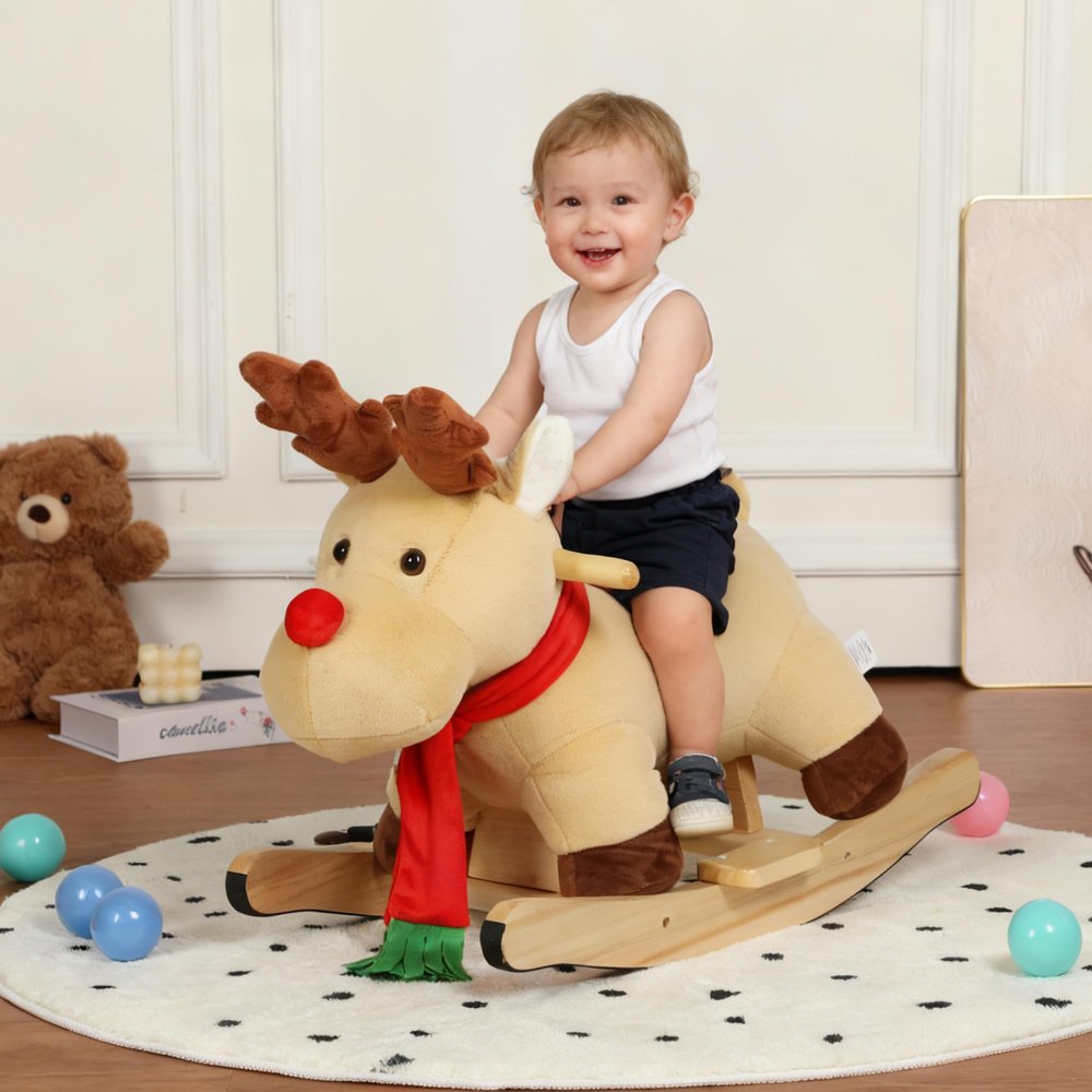 KEIKI Moose Ride-On Rocking with Lullaby Song, Hand Puppets, Safety Belt, Plush Rocking Horse for Ages 1-3, Interactive Kids Rocker, Apricot