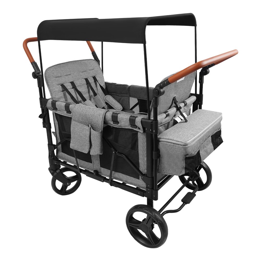 PSUFURV 4 Seater Wagon Stroller for Jeep Wrangler Deluxe, Foldable Double Push Bar Wagon for Kids with 5-Point Harnesses and Sun Visor Baby Wagons for Garden Camping